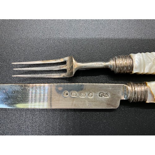 197 - PAIR OF HALLMARKED SILVER CHILDS KNIFE AND FORK WITH MOP HANDLES IN ORIGINAL PRESENTATION CASE