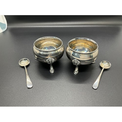 198 - PAIR OF SILVER PLATED SALTS WITH SPOONS IN ORIGINAL PRESENTATION CASE