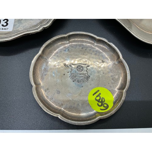 203 - STERLING 925 SILVER DISH WHITE METAL DISH AND A WHITE METAL SMALL TRAY MARKED 835 TW300G