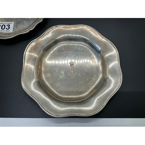 203 - STERLING 925 SILVER DISH WHITE METAL DISH AND A WHITE METAL SMALL TRAY MARKED 835 TW300G