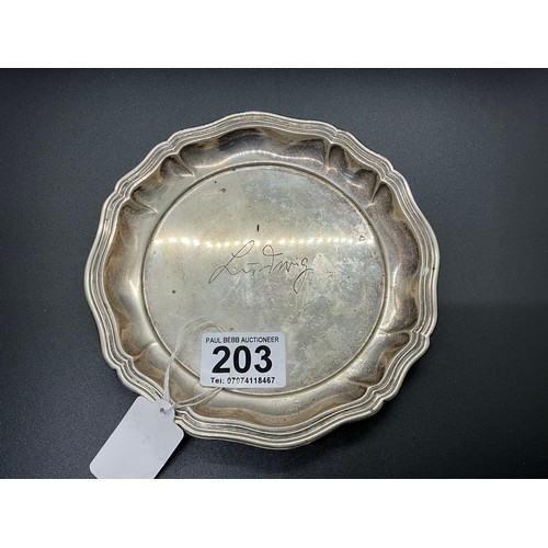 203 - STERLING 925 SILVER DISH WHITE METAL DISH AND A WHITE METAL SMALL TRAY MARKED 835 TW300G