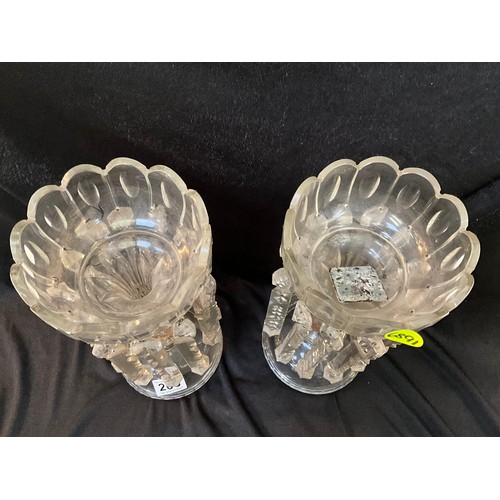 206 - A PAIR OF VICTORIAN CLEAR GLASS LUSTRES COMPLETE WITH DROPPERS H12” D5”