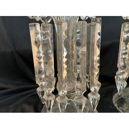 206 - A PAIR OF VICTORIAN CLEAR GLASS LUSTRES COMPLETE WITH DROPPERS H12” D5”