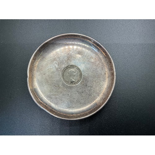 213 - WHITE METAL DISH MARKED 835 WHITE METAL DISH MARKED 800 AND A SMALL HALLMARKED SILVER DISH WITH INLA... 