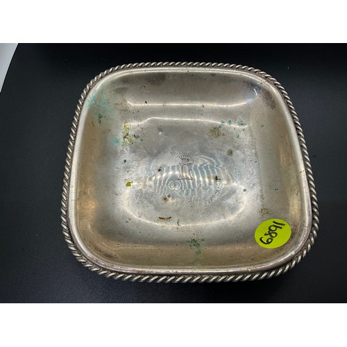 213 - WHITE METAL DISH MARKED 835 WHITE METAL DISH MARKED 800 AND A SMALL HALLMARKED SILVER DISH WITH INLA... 