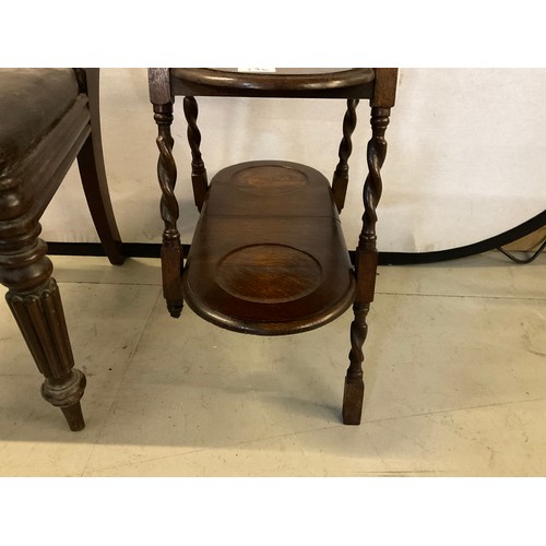 276 - VICTORIAN MAHOGANY DINING CHAIR AND OAK BARLEY TWIST FOLDING CAKESTAND (LEG BROKEN AND MISSING)