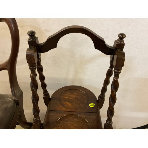 276 - VICTORIAN MAHOGANY DINING CHAIR AND OAK BARLEY TWIST FOLDING CAKESTAND (LEG BROKEN AND MISSING)