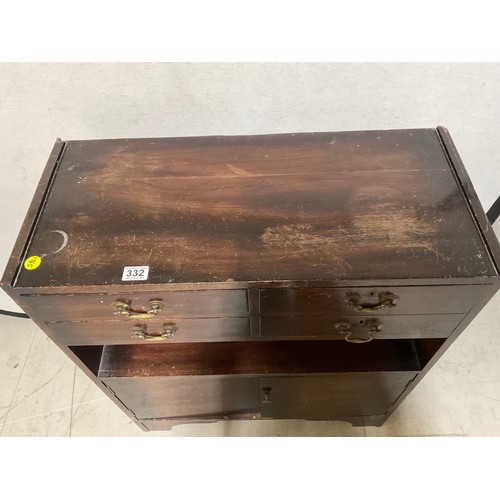 332 - VINTAGE OAK BOOKCASE WITH 4 DRAWERS OVER OPEN SECTION AND 2 DOORS BELOW H36