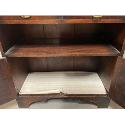 332 - VINTAGE OAK BOOKCASE WITH 4 DRAWERS OVER OPEN SECTION AND 2 DOORS BELOW H36