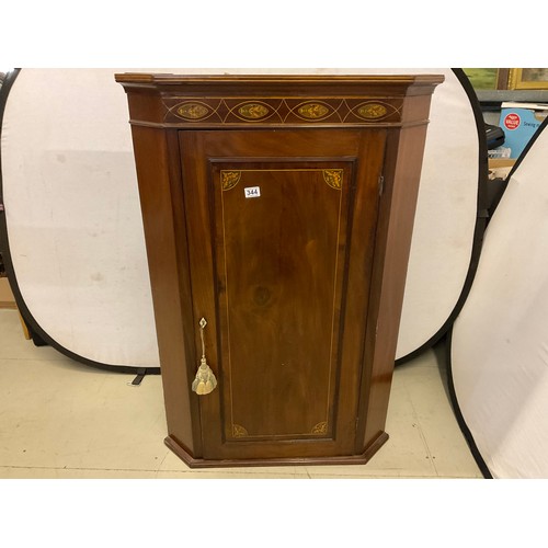 344 - VICTORIAN MAHOGANY INLAID CORNER CUPBOARD WITH SHAPED INTERIOR SHELVES AND KEY H48