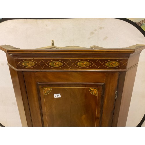 344 - VICTORIAN MAHOGANY INLAID CORNER CUPBOARD WITH SHAPED INTERIOR SHELVES AND KEY H48