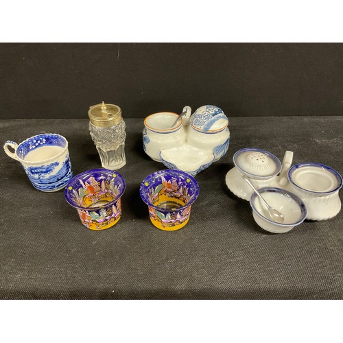 74 - BOX OF CHINA AND GLASSWARE TO INCLUDE CRUETS FRUIT SET ETC