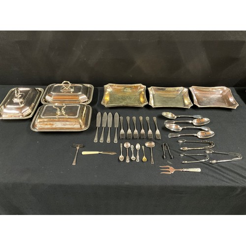 199 - BOX OF SILVER PLATED TURREENS CUTLERY ETC