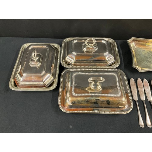 199 - BOX OF SILVER PLATED TURREENS CUTLERY ETC