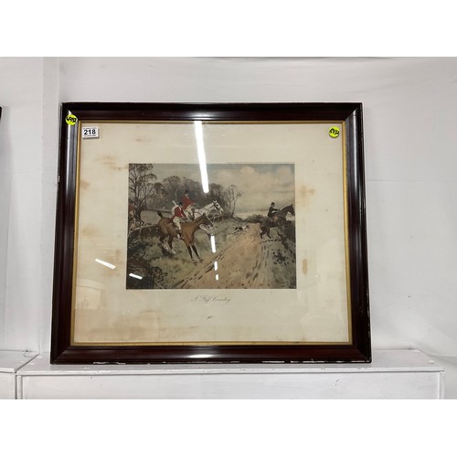 218 - 3 VINTAGE FRAMED HUNTING SCENE PICTURES H24 INCH L28INCH