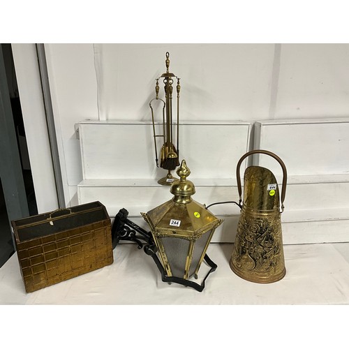 244 - BRASS COAL HOD COMPANION SET LANTERN WITH BRACKET AND MAGAZINE RACK