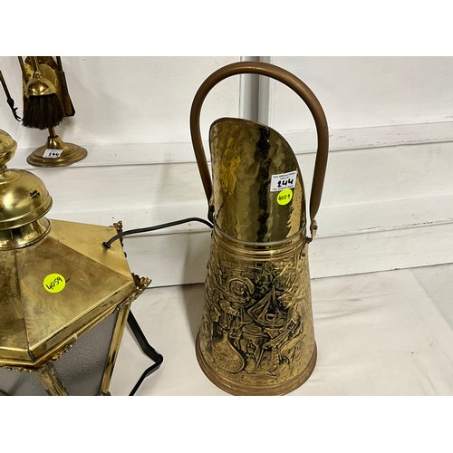 244 - BRASS COAL HOD COMPANION SET LANTERN WITH BRACKET AND MAGAZINE RACK