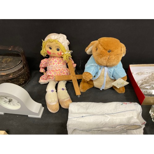 71 - BOX OF ODDS TO INCLUDE MANTLE CLOCK, PETER RABBIT TOY, WIFI CAMERAS IN BOXES, DOLL ETC