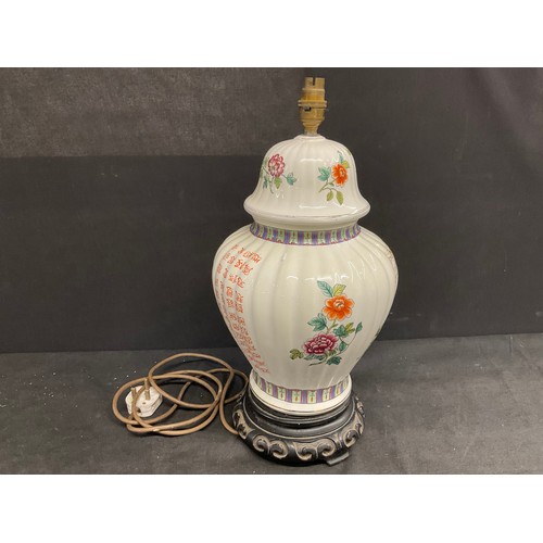 75 - ORIENTAL CHINA ELECTRIC TABLE LAMP ON WOODEN PLINTH H19