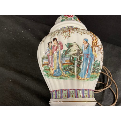 75 - ORIENTAL CHINA ELECTRIC TABLE LAMP ON WOODEN PLINTH H19