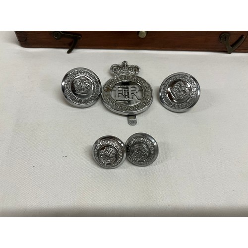 96 - MAHOGANY BOX WITH VINTAGE BUTTONS (POLICE ETC)