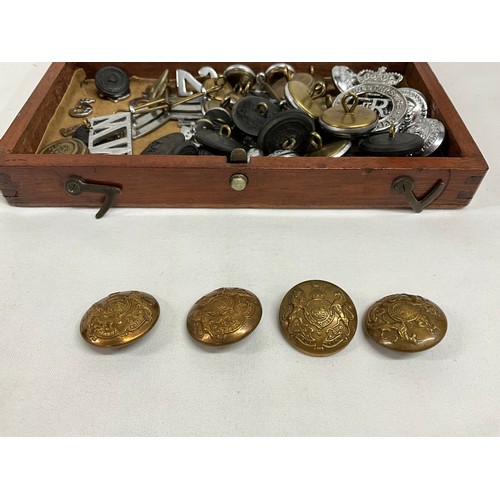 96 - MAHOGANY BOX WITH VINTAGE BUTTONS (POLICE ETC)