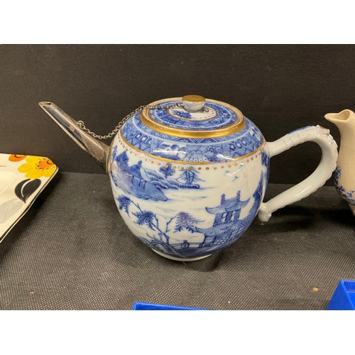 201 - BOX OF CHINA TO INCLUDE DENBY, COALPORT, ROYAL DOULTON, VICTORIAN ORIENTAL TEAPOT ETC