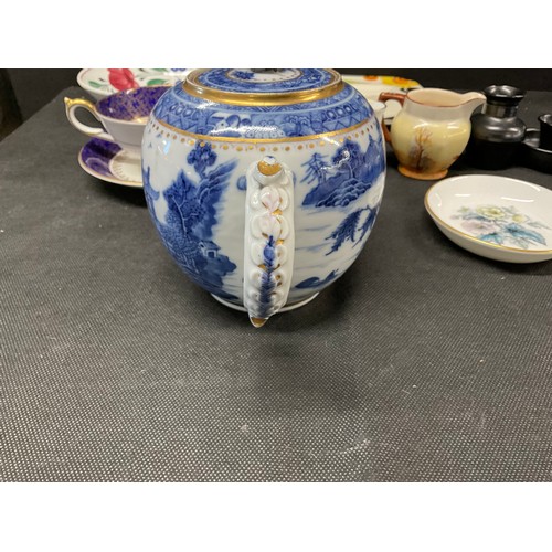 201 - BOX OF CHINA TO INCLUDE DENBY, COALPORT, ROYAL DOULTON, VICTORIAN ORIENTAL TEAPOT ETC