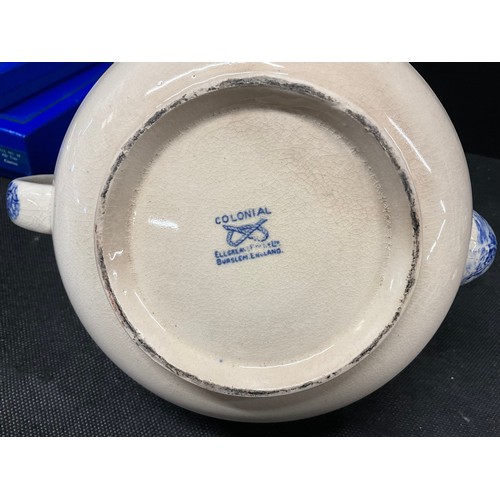 201 - BOX OF CHINA TO INCLUDE DENBY, COALPORT, ROYAL DOULTON, VICTORIAN ORIENTAL TEAPOT ETC