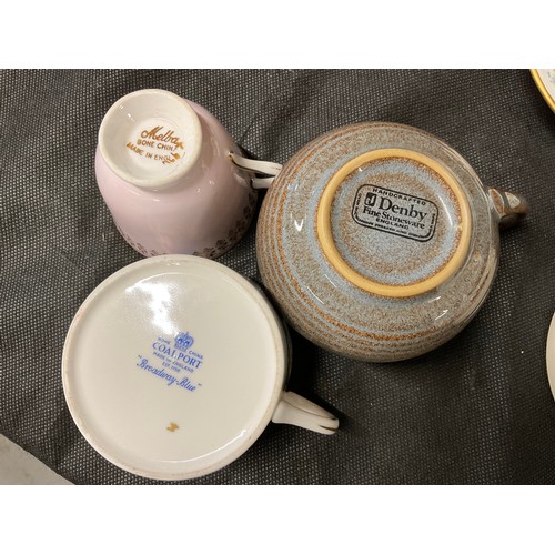 201 - BOX OF CHINA TO INCLUDE DENBY, COALPORT, ROYAL DOULTON, VICTORIAN ORIENTAL TEAPOT ETC
