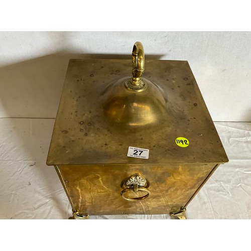 27 - LARGE EDWARDIAN BRASS COAL BOX WITH LINER H19 L12 W12”