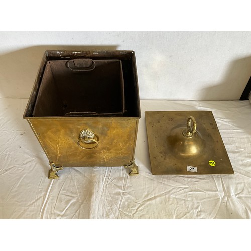 27 - LARGE EDWARDIAN BRASS COAL BOX WITH LINER H19 L12 W12”