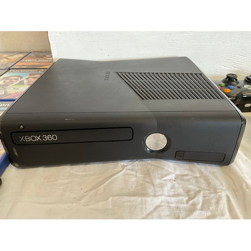 34 - XBOX 360 WITH CONTROLLERS AND BOX OF GAMES