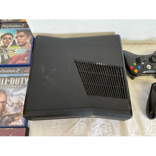 34 - XBOX 360 WITH CONTROLLERS AND BOX OF GAMES
