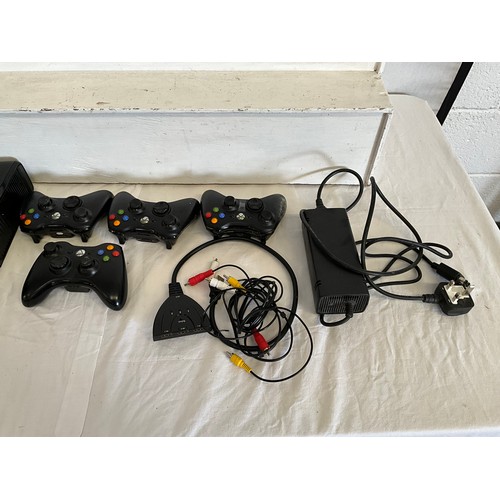 34 - XBOX 360 WITH CONTROLLERS AND BOX OF GAMES