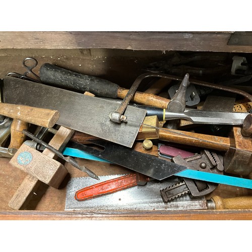 40 - VINTAGE WOODEN TOOL BOX AND TOOLS