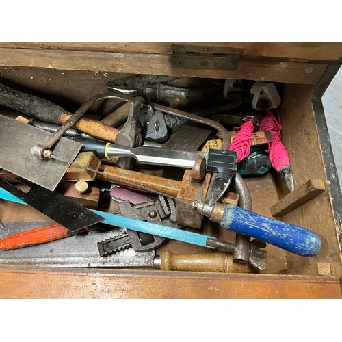 40 - VINTAGE WOODEN TOOL BOX AND TOOLS