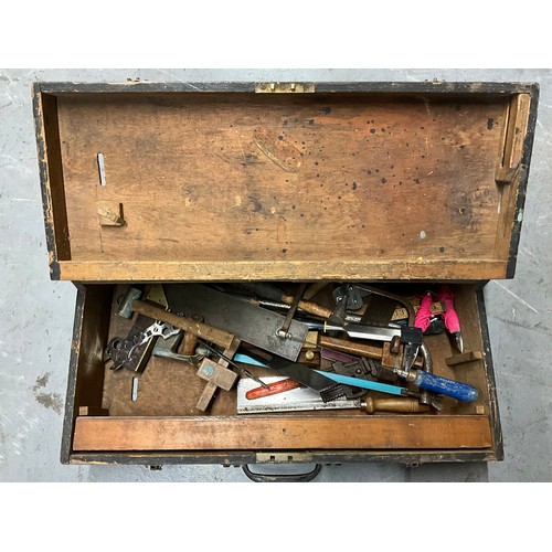 40 - VINTAGE WOODEN TOOL BOX AND TOOLS
