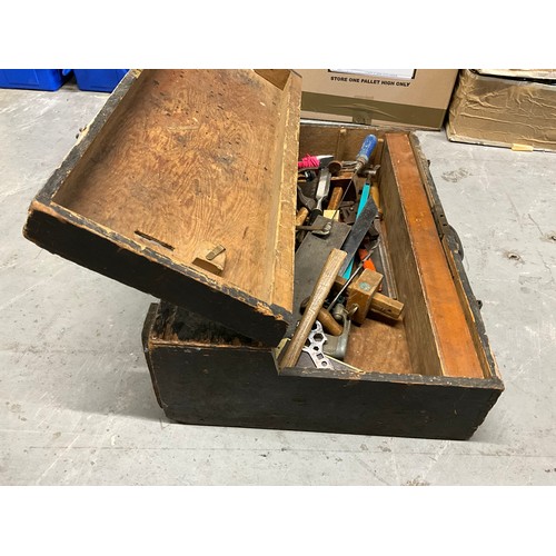 40 - VINTAGE WOODEN TOOL BOX AND TOOLS