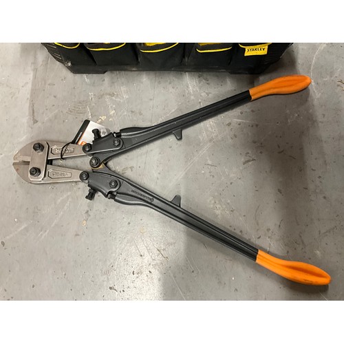 41 - STANLEY TOOL BAG INCLUDING PIPE BENDERS, BOLT CUTTERS ETC