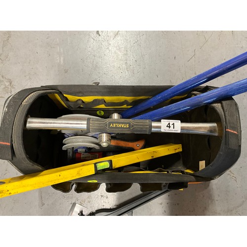 41 - STANLEY TOOL BAG INCLUDING PIPE BENDERS, BOLT CUTTERS ETC