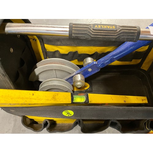 41 - STANLEY TOOL BAG INCLUDING PIPE BENDERS, BOLT CUTTERS ETC
