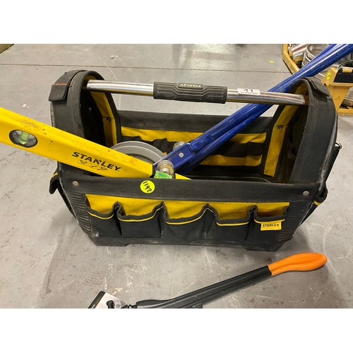 41 - STANLEY TOOL BAG INCLUDING PIPE BENDERS, BOLT CUTTERS ETC