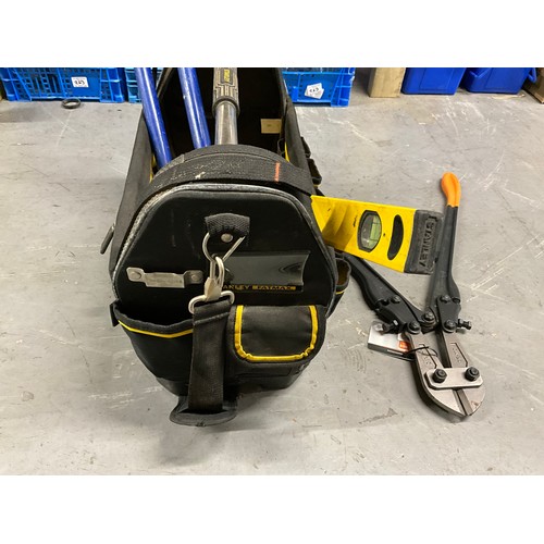 41 - STANLEY TOOL BAG INCLUDING PIPE BENDERS, BOLT CUTTERS ETC