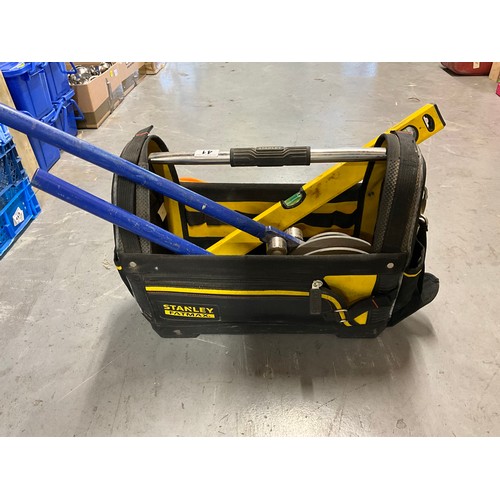 41 - STANLEY TOOL BAG INCLUDING PIPE BENDERS, BOLT CUTTERS ETC