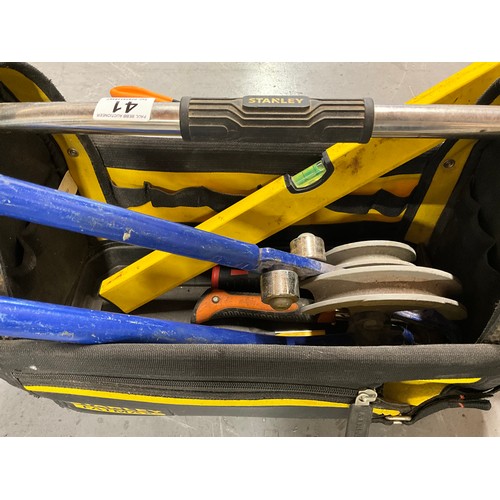 41 - STANLEY TOOL BAG INCLUDING PIPE BENDERS, BOLT CUTTERS ETC