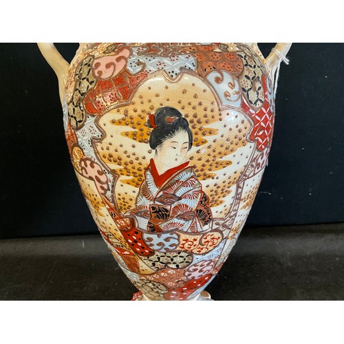 46 - VINTAGE JAPANESE SATSUMA STYLE  TWIN HANDLED VASE H17”
