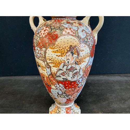 46 - VINTAGE JAPANESE SATSUMA STYLE  TWIN HANDLED VASE H17”