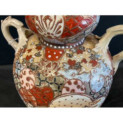 46 - VINTAGE JAPANESE SATSUMA STYLE  TWIN HANDLED VASE H17”