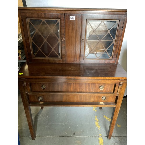 510 - VINTAGE MAHOGANY 2 DRAWER DESK WITH GLAZED DOORS TO TOP H48